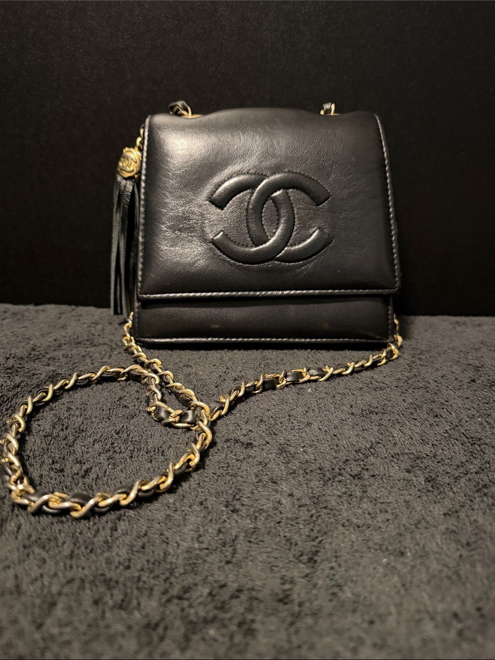 CHANEL Black Lambskin CC Tassel Crossbody with Gold Chain